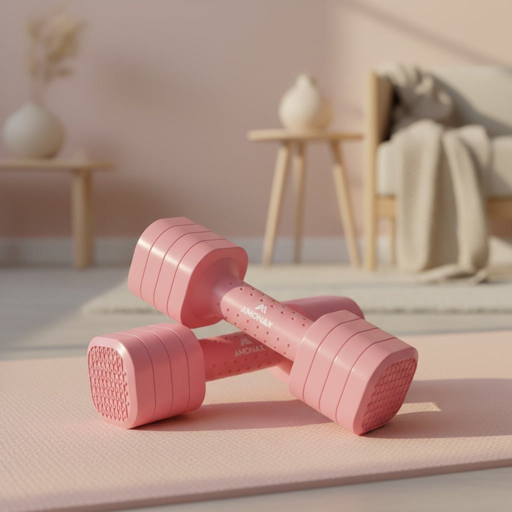 Pink dumbbells on a light mat in a minimalist home gym setting with wooden furniture and decorative items