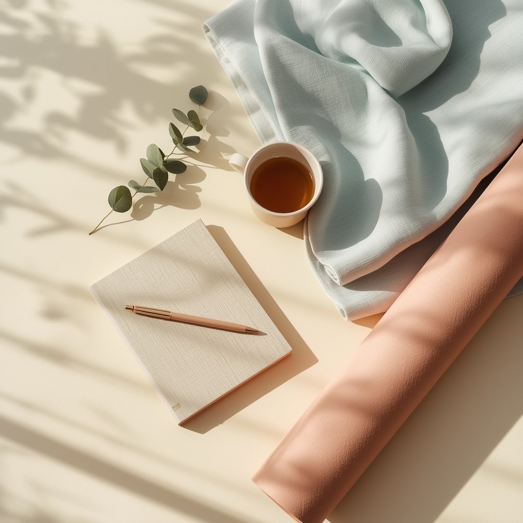 Flat lay of workspace with notebook, pen, coffee cup, eucalyptus stems, and blue linen fabric in natural sunlight