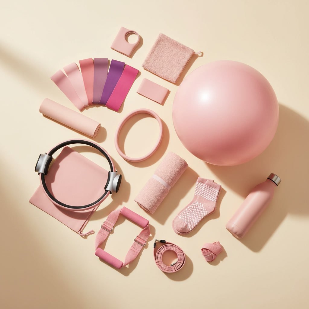 Flat lay of pink fitness and wellness items including exercise ball, headphones, resistance bands, water bottle, and yoga props on beige background