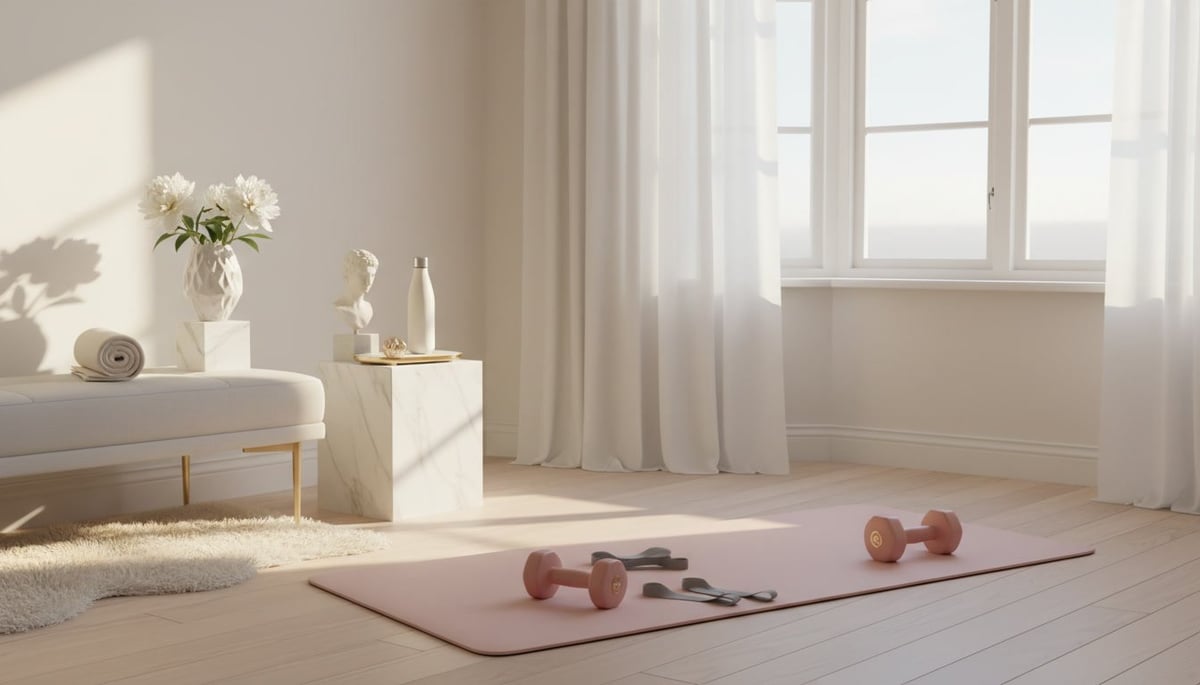 Bright minimalist bedroom with exercise mat, dumbbells, white furniture, flowers in vase, and sunlight streaming through windows