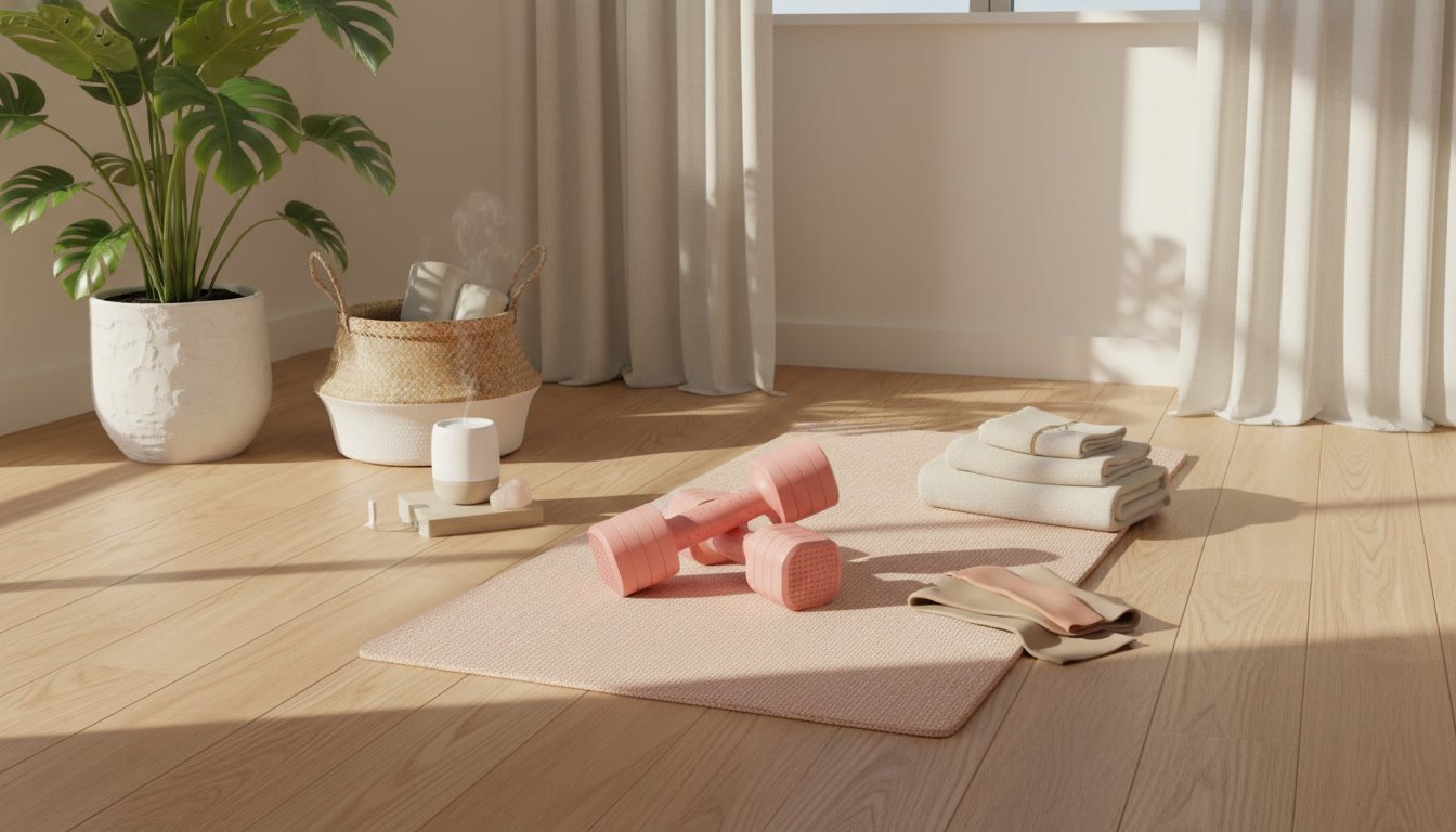 Bright sunlit room with yoga mat, dumbbells, and wellness items on wooden floor near potted plant and window